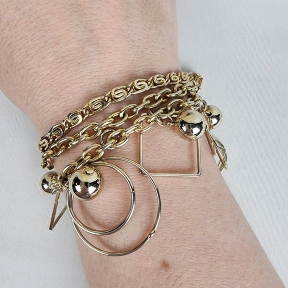Vintage Korea Gold Tone Geometric Charms Chunky Bracelet